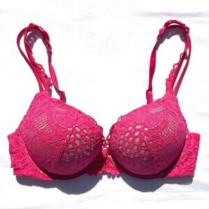 Victoria’s Secret Bombshell Plunge Bra 34B Pink Lace Push Up Adds 2 Cup Sizes